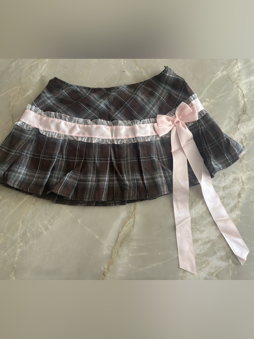 Plaid Ruffle Mini Skirt with Pink Ribbon